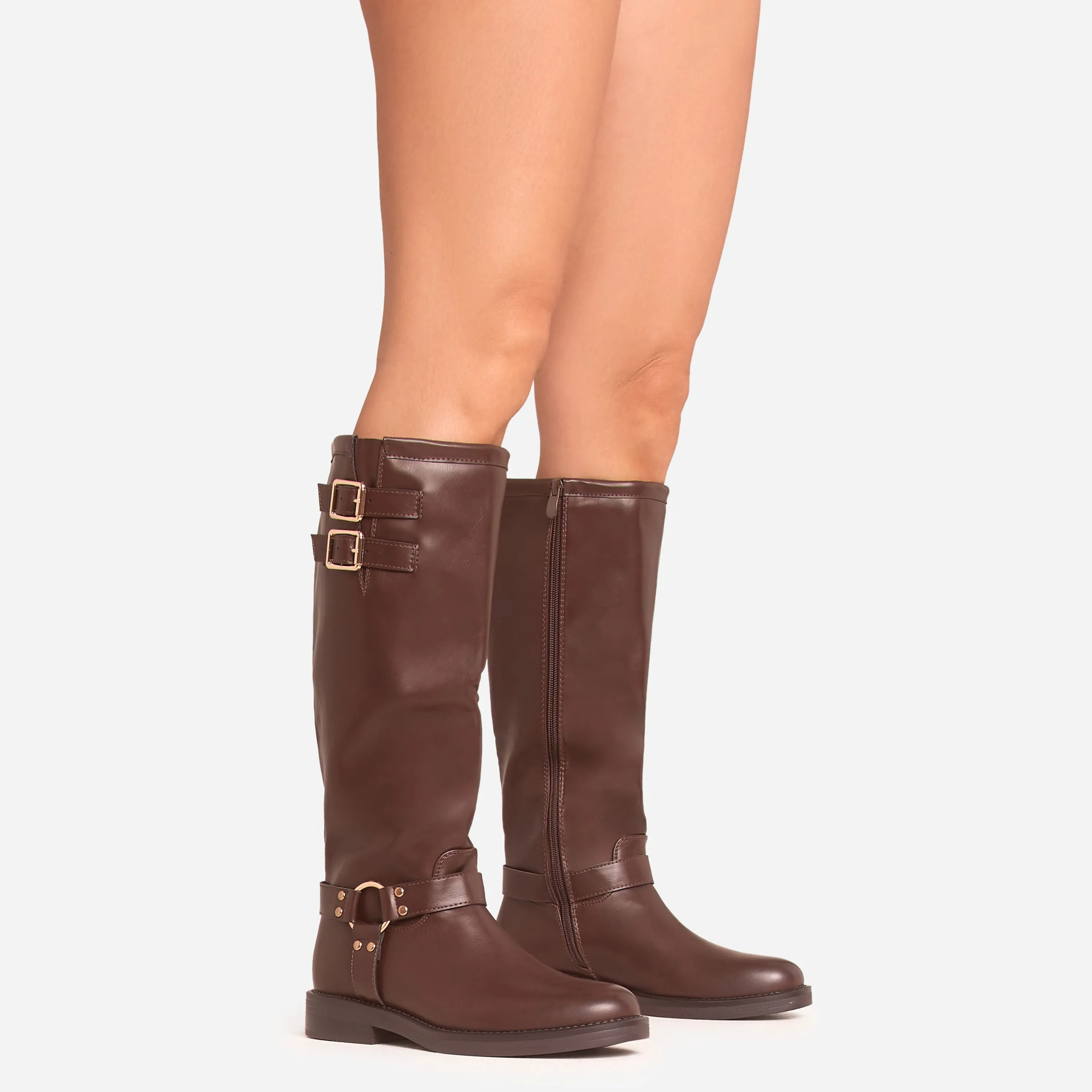 Brown Faux Leather Destin Double Buckle Detail Knee High Long Biker Boot