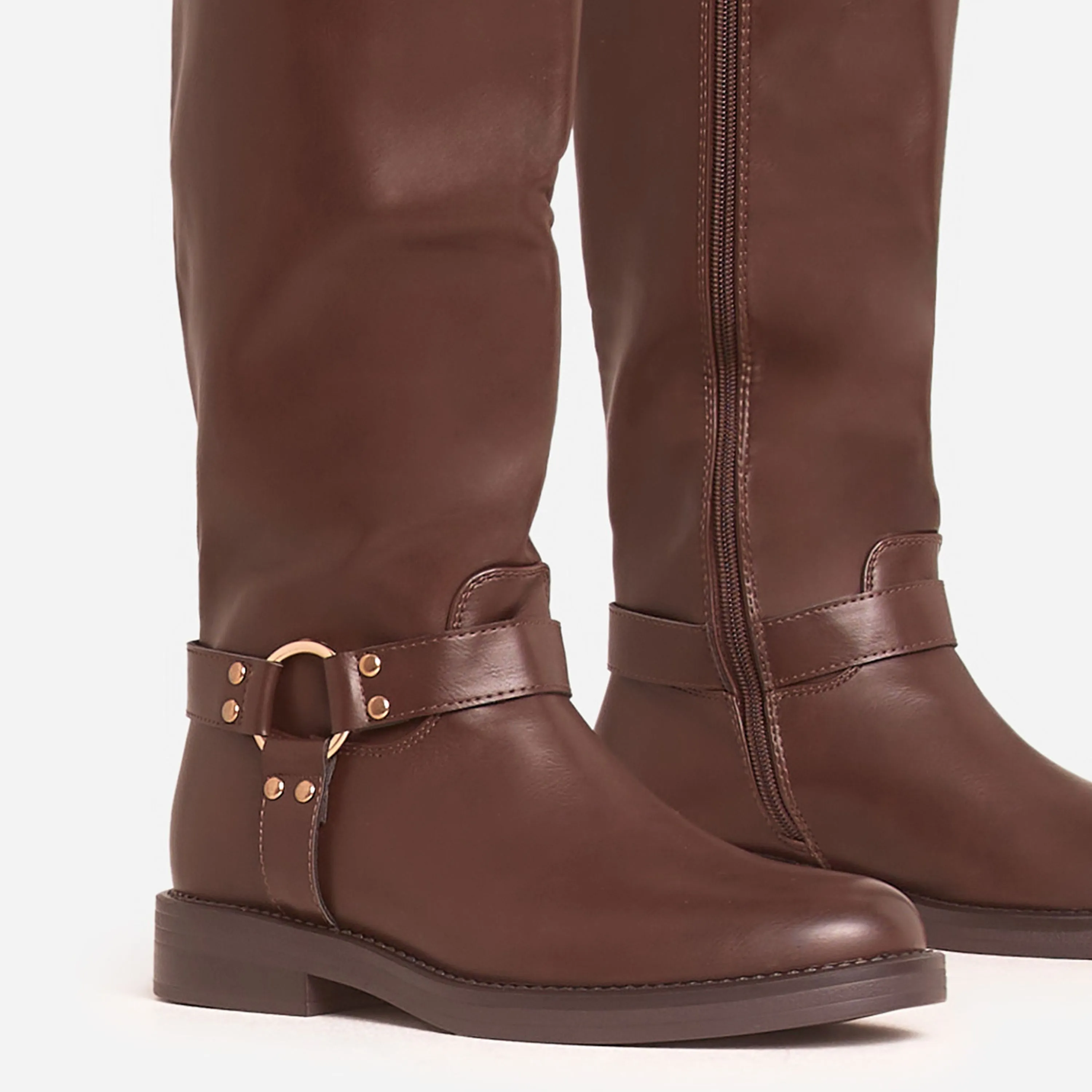 Brown Faux Leather Destin Double Buckle Detail Knee High Long Biker Boot