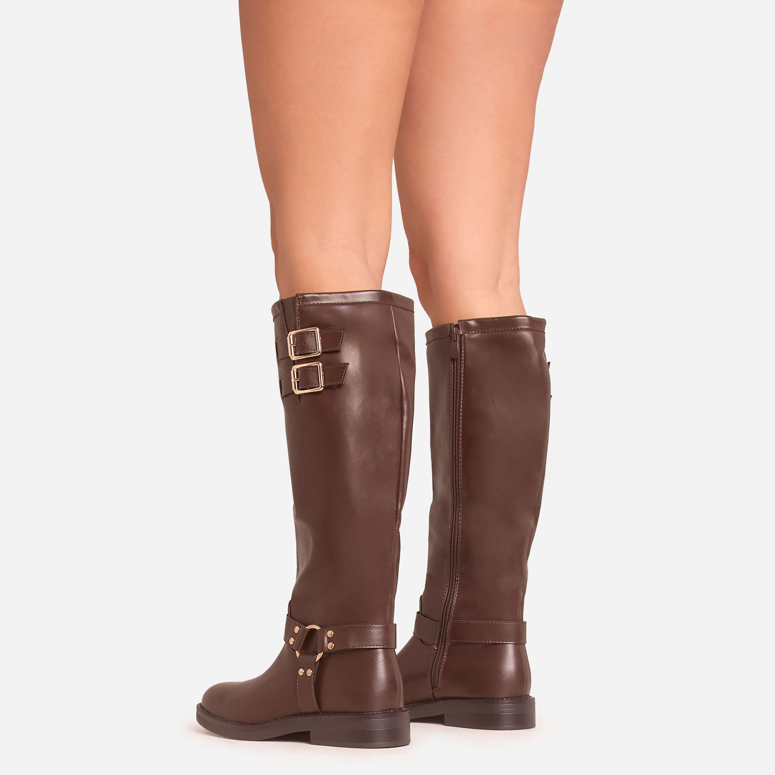 Brown Faux Leather Destin Double Buckle Detail Knee High Long Biker Boot