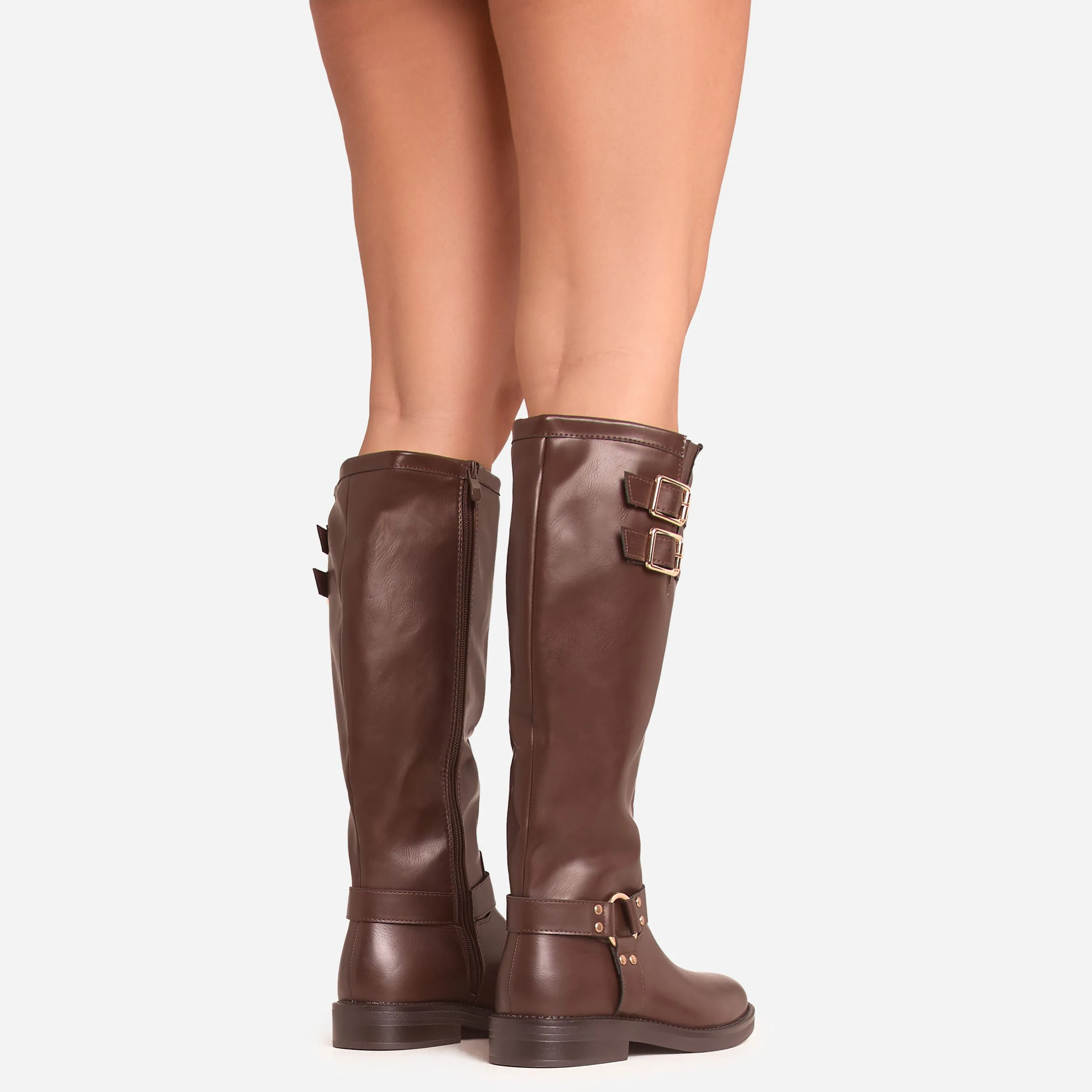 Brown Faux Leather Destin Double Buckle Detail Knee High Long Biker Boot