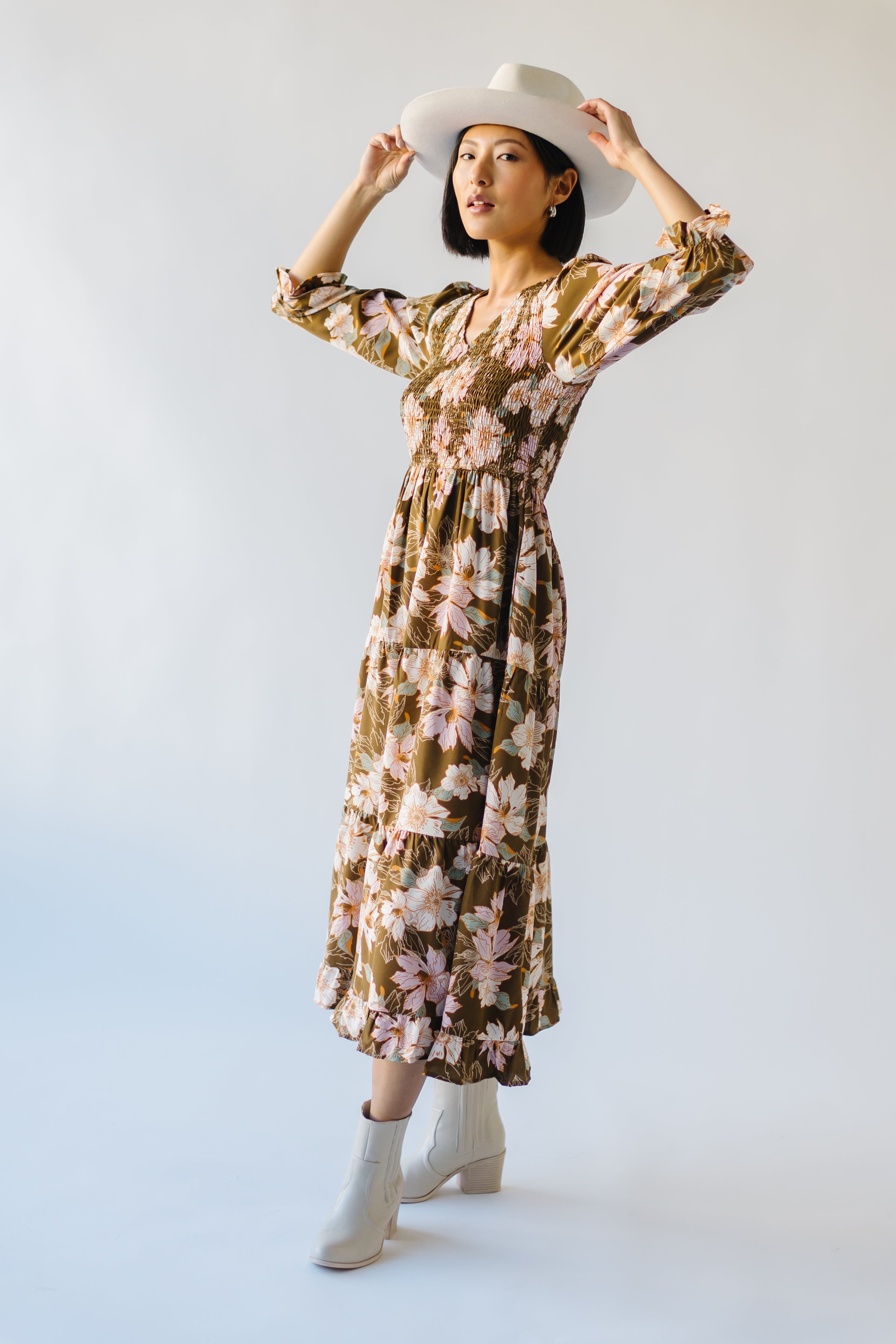 Brown Multi Meder Smocked Midi Dress