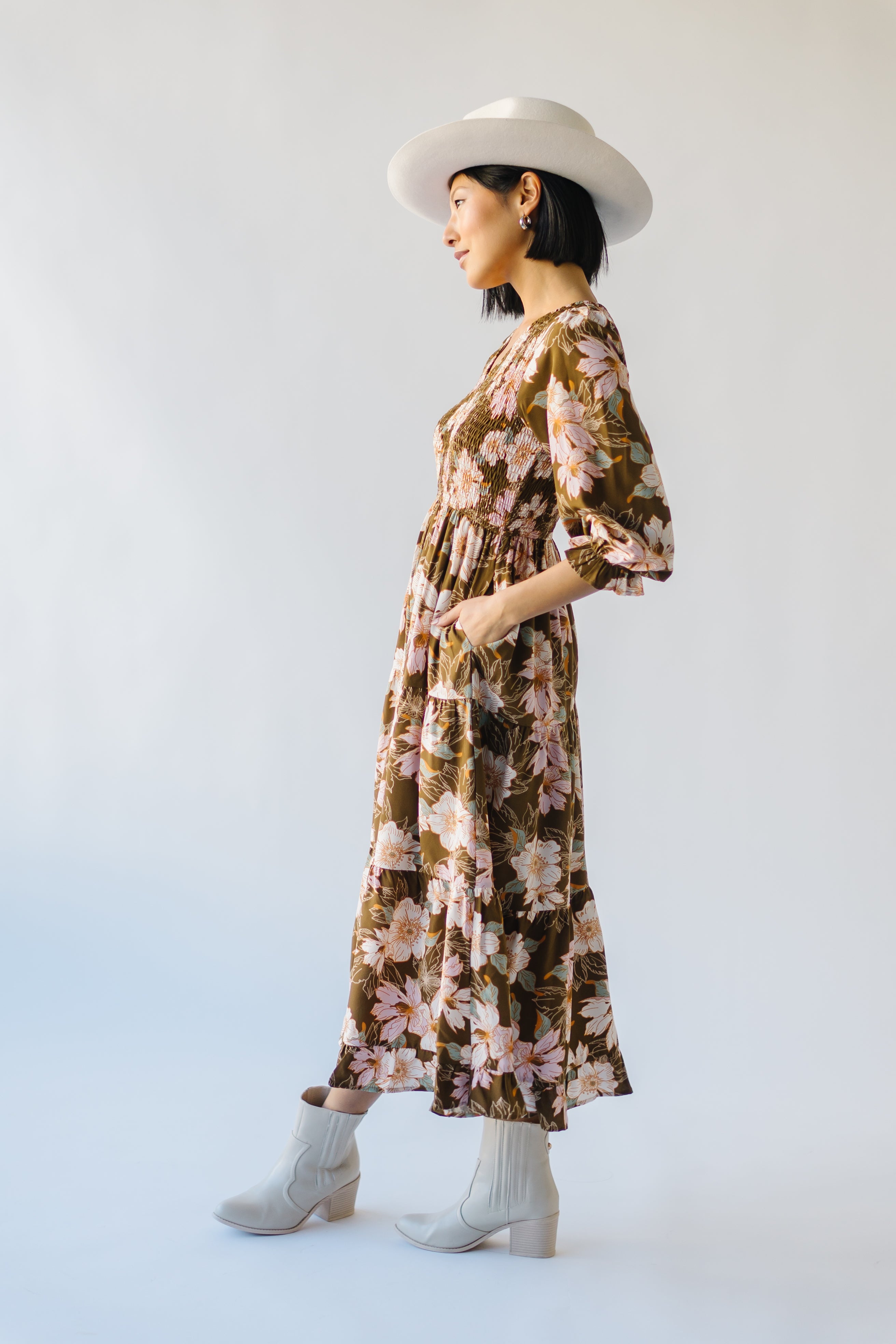 Brown Multi Meder Smocked Midi Dress