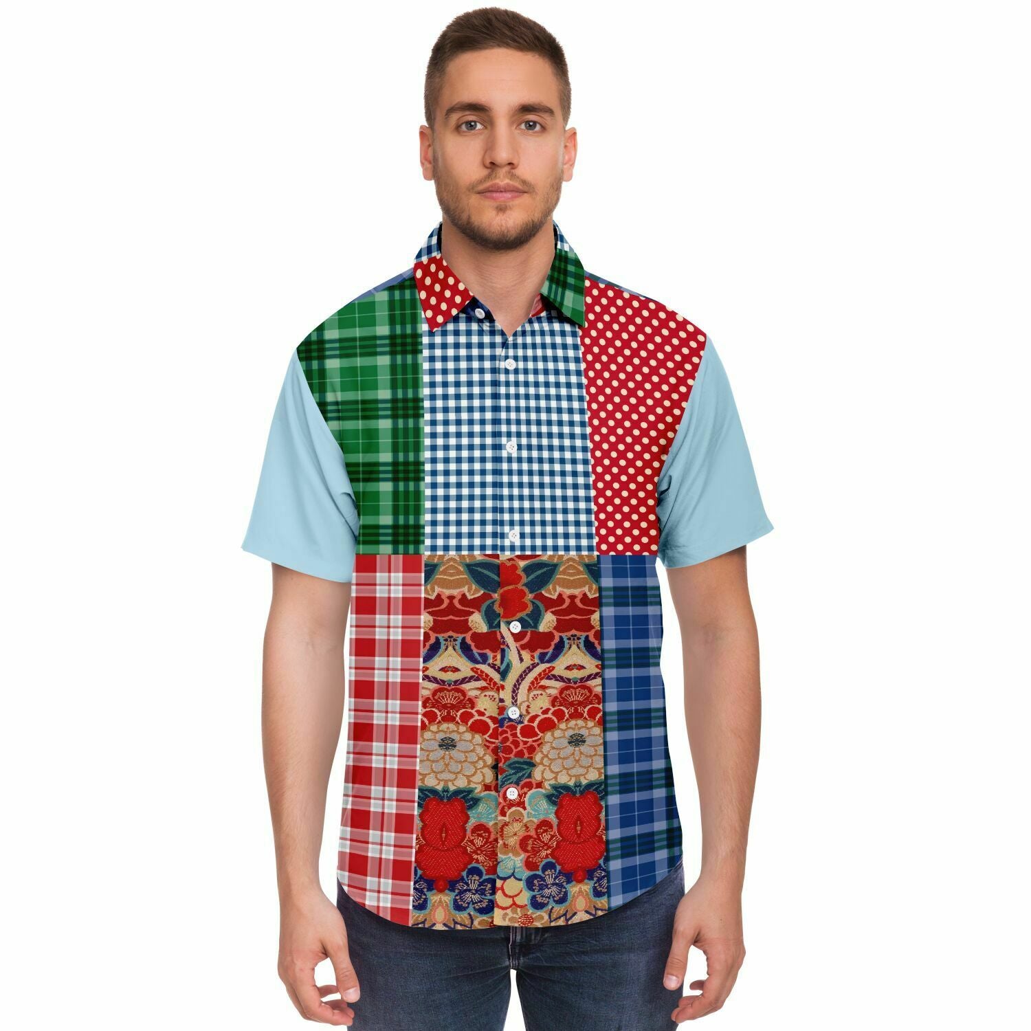 Busan Fleur Plaid Patchwork Shirt - Button Down Shirt