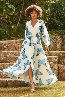 Butterfly Maxi Dress Blue/White Wrap