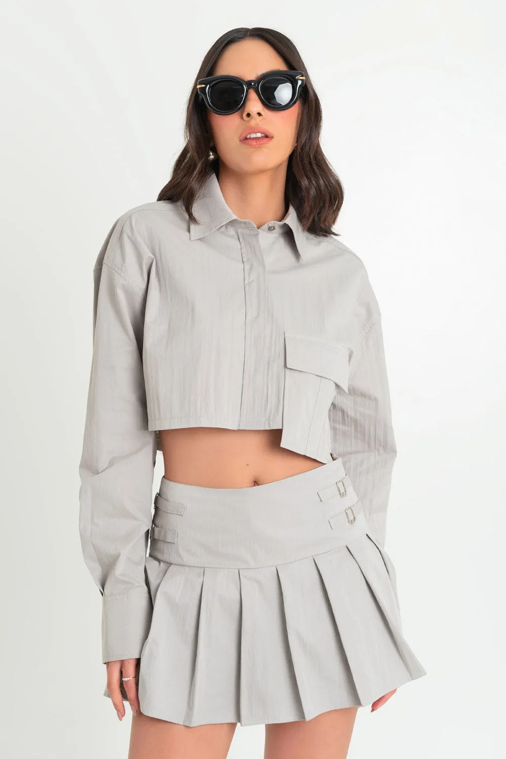 Long Sleeve Cropped Shirt with Pocket