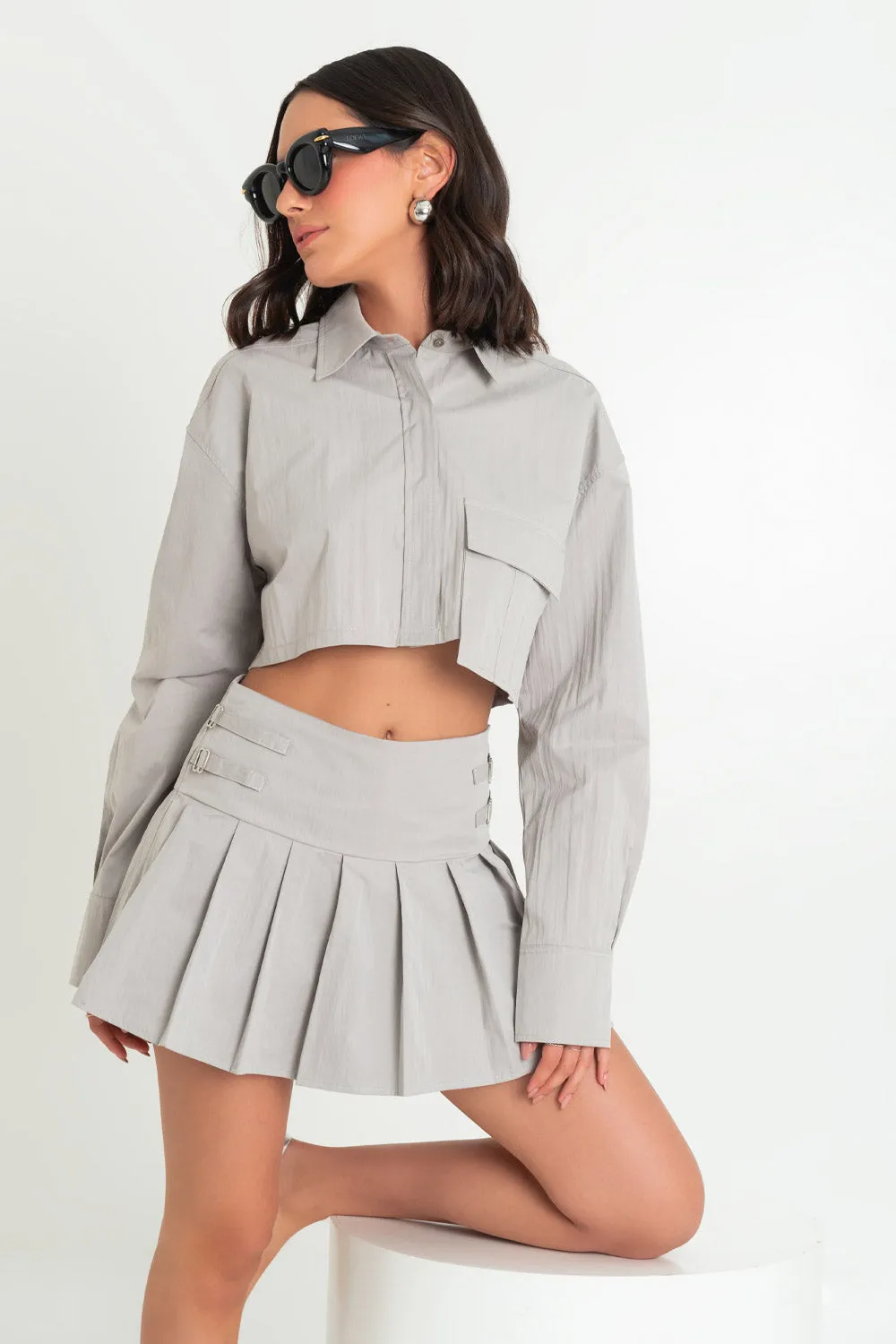 Long Sleeve Cropped Shirt with Pocket