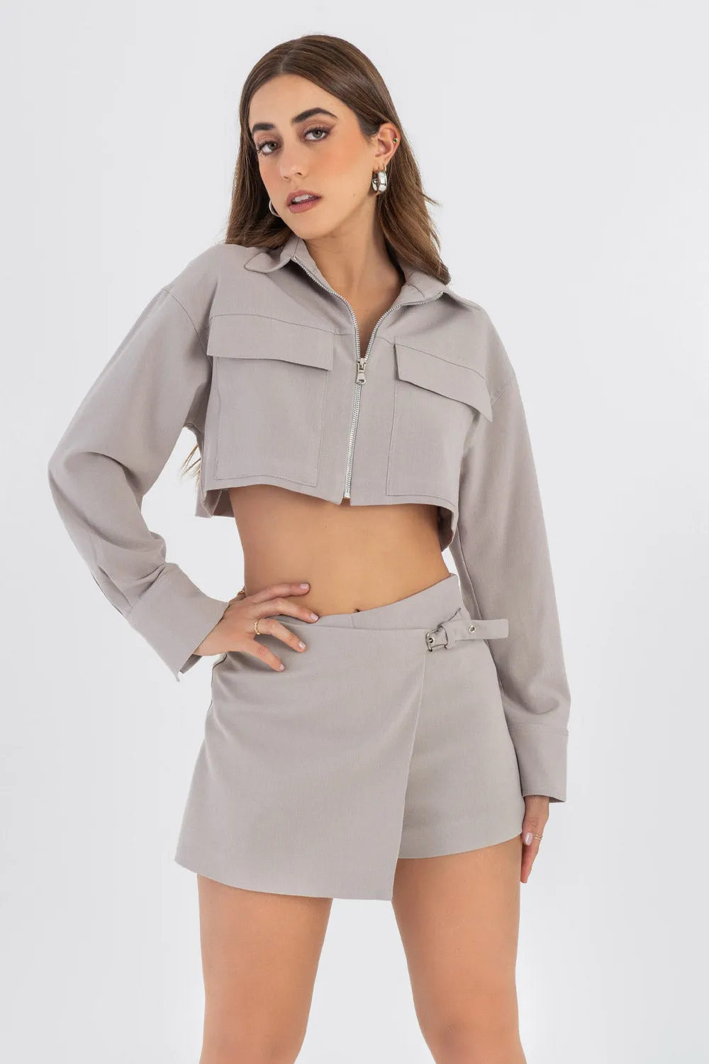 Zippered Long Sleeve Cropped Shirt