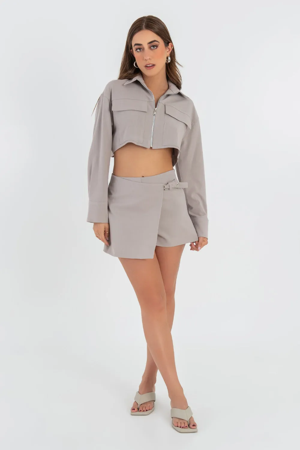 Zippered Long Sleeve Cropped Shirt