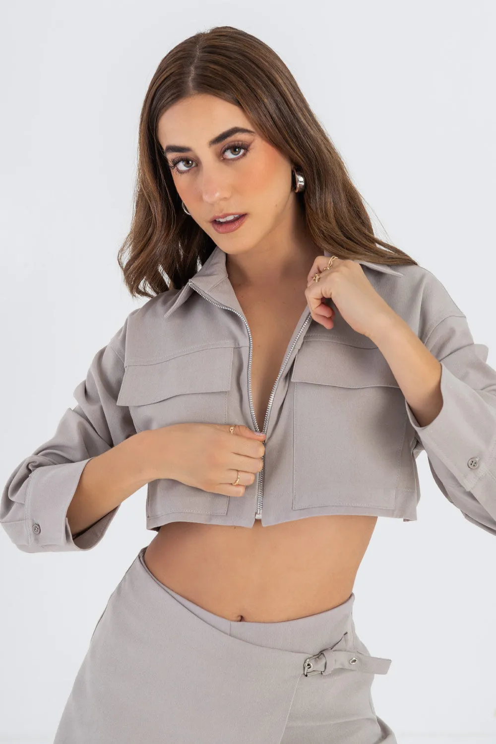 Zippered Long Sleeve Cropped Shirt