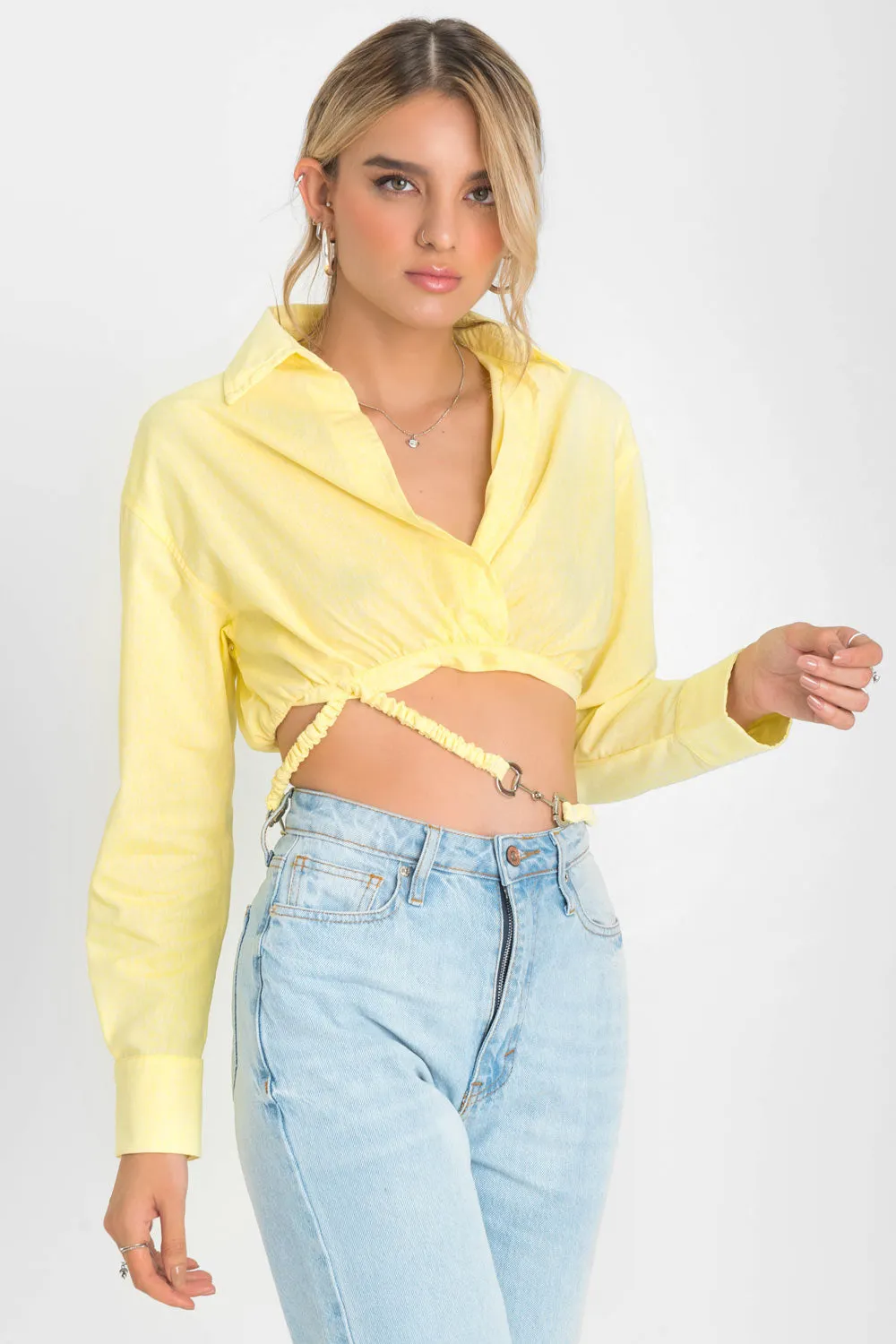 Cropped Long Sleeve Shirt with Waist Tie