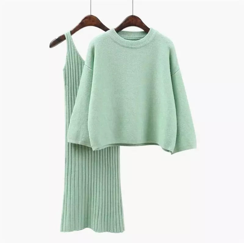 Cashmere Ribbed Knit Dress and Sweater Set