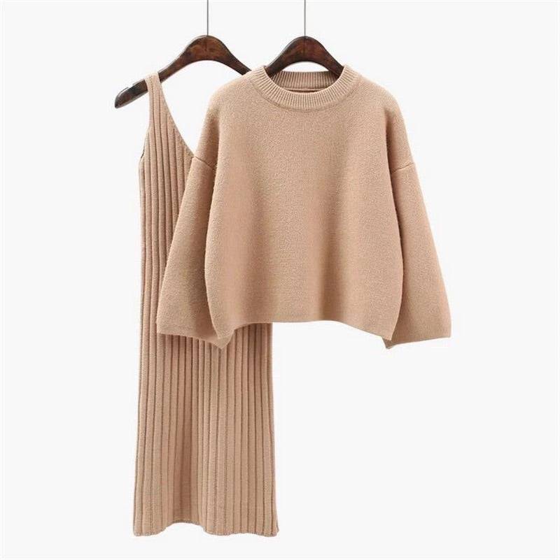 Cashmere Ribbed Knit Dress and Sweater Set