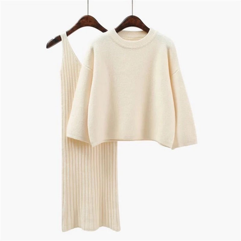 Cashmere Ribbed Knit Dress and Sweater Set