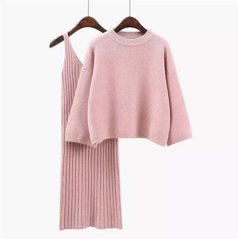 Cashmere Ribbed Knit Dress and Sweater Set