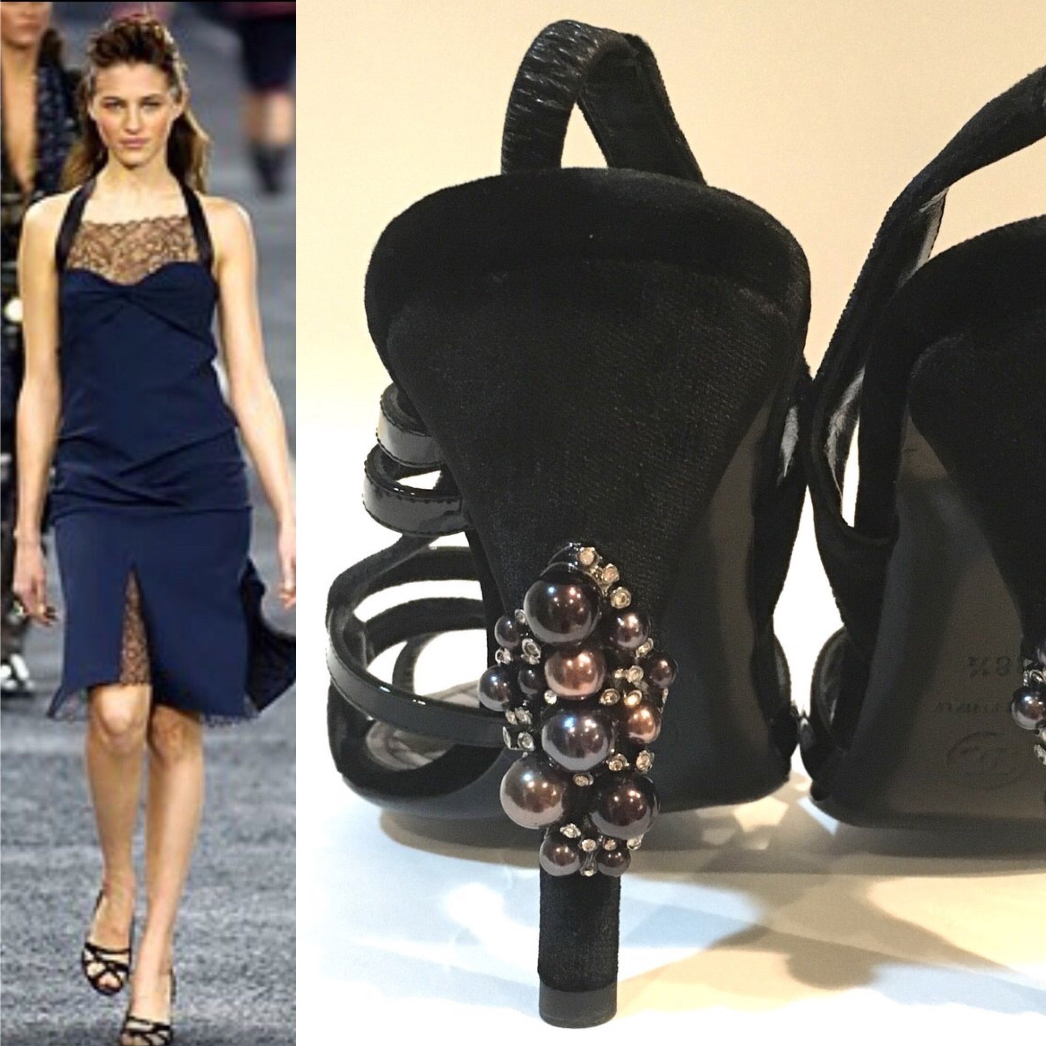 Chanel 04A 2004 Fall Black Velvet Patent Leather Sandal Heels - Pearl Embellished (EU 38.5)