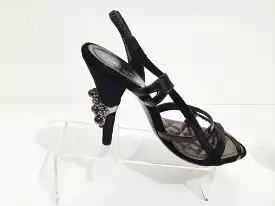 Chanel 04A 2004 Fall Black Velvet Patent Leather Sandal Heels with Pearl Embellishment - EU 38.5