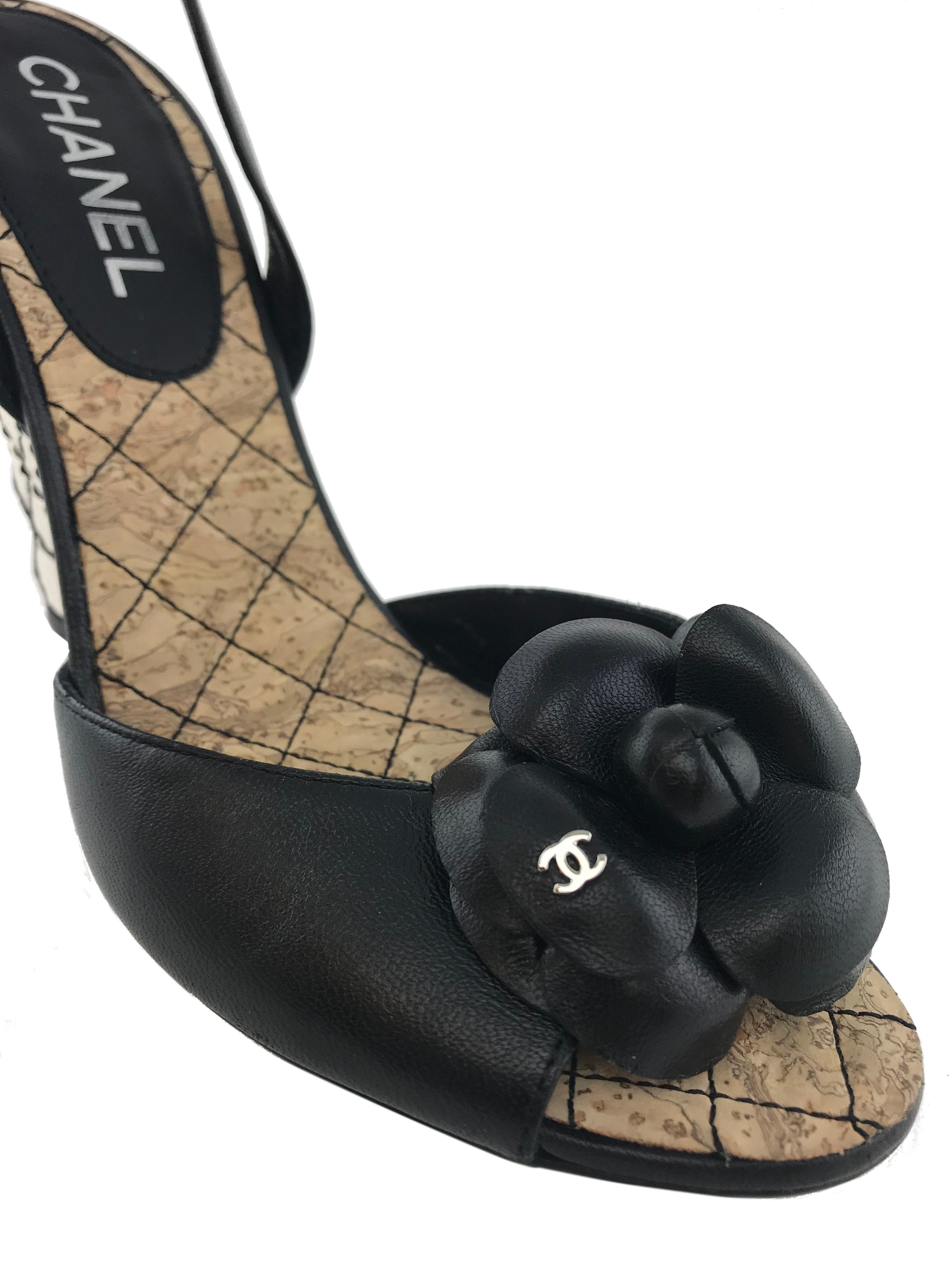 Chanel 14C Quilted Cork Wedge Sandals Size 7.5