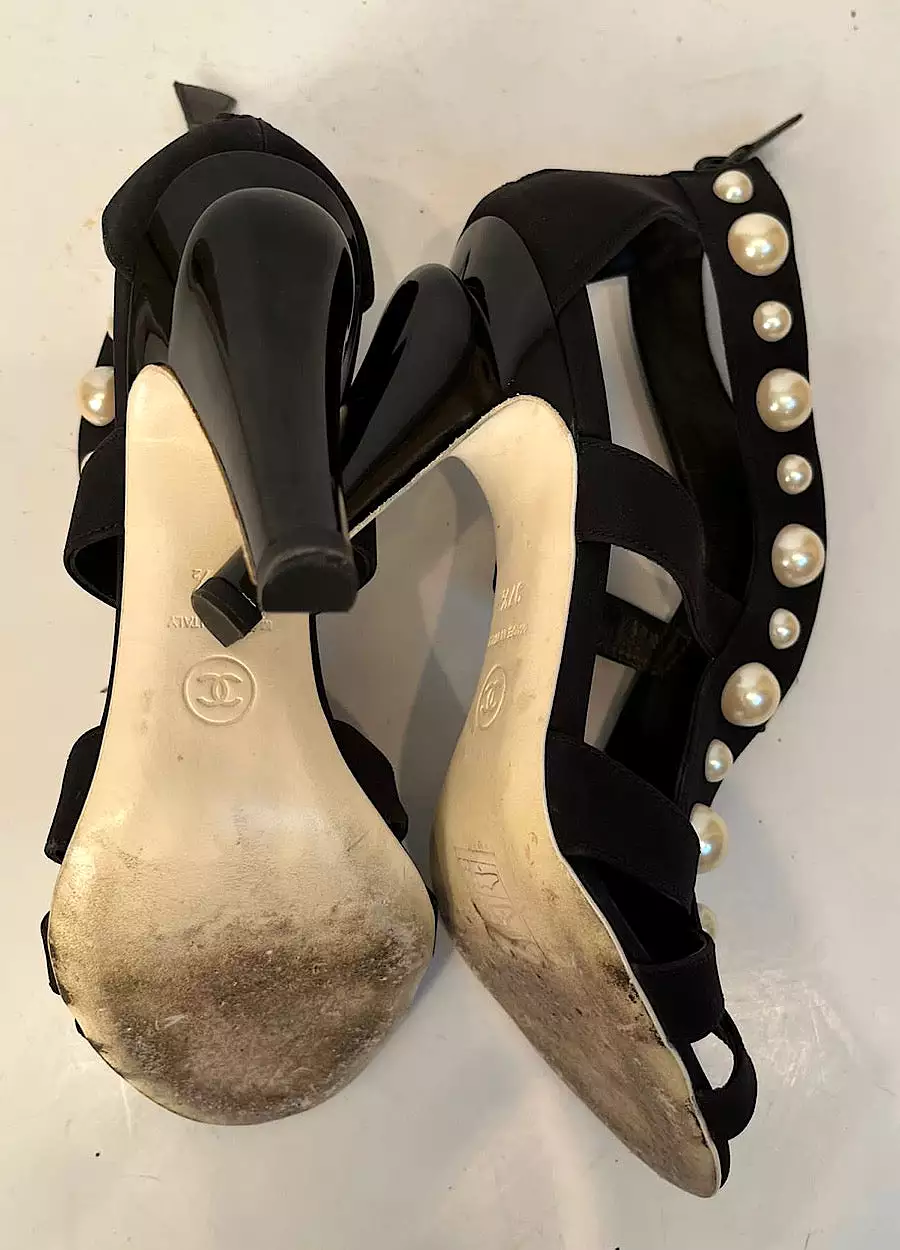 Chanel Black Sandal Heels with Pearl Trim, EU size 37.5, US size 6.5/7, Narrow fit