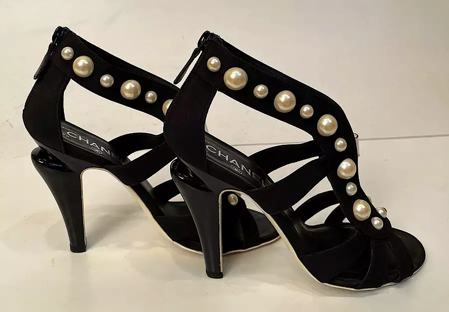 Chanel Black Sandal Heels with Pearl Trim, EU size 37.5, US size 6.5/7, Narrow fit