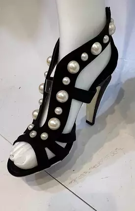 Chanel Black Sandal Heels with Pearl Trim, EU size 37.5, US size 6.5/7, Narrow fit