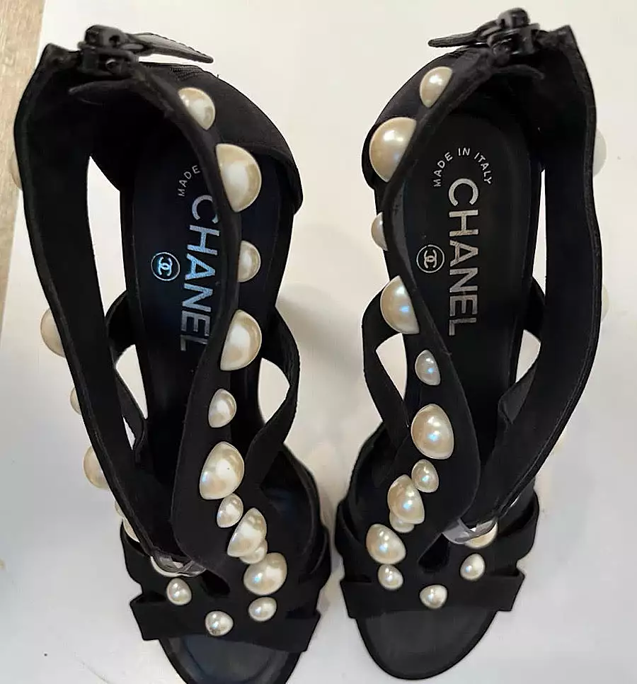 Chanel Black Sandal Heels with Pearl Trim, EU size 37.5, US size 6.5/7, Narrow fit