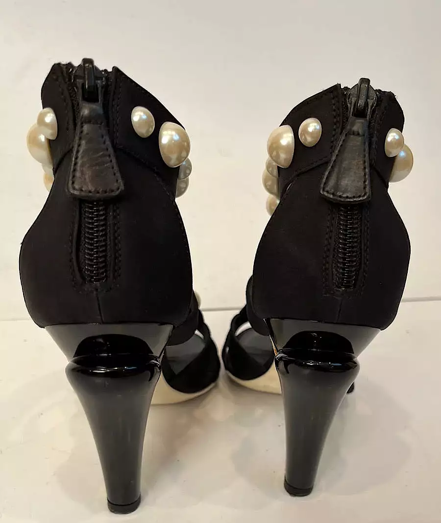 Chanel Black Sandal Heels with Pearl Trim, EU size 37.5, US size 6.5/7, Narrow fit