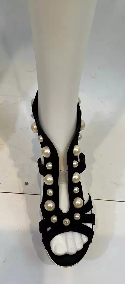 Chanel Black Sandal Heels with Pearl Trim, EU size 37.5, US size 6.5/7, Narrow fit