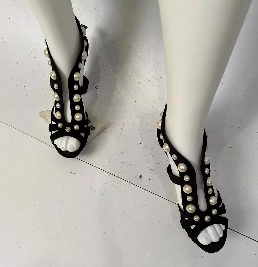 Chanel Black Sandal Heels with Pearl Trim, EU size 37.5, US size 6.5/7, Narrow fit