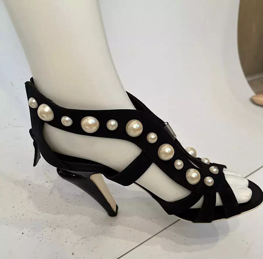 Chanel Black Sandal Heels with Pearl Trim, EU size 37.5, US size 6.5/7, Narrow fit