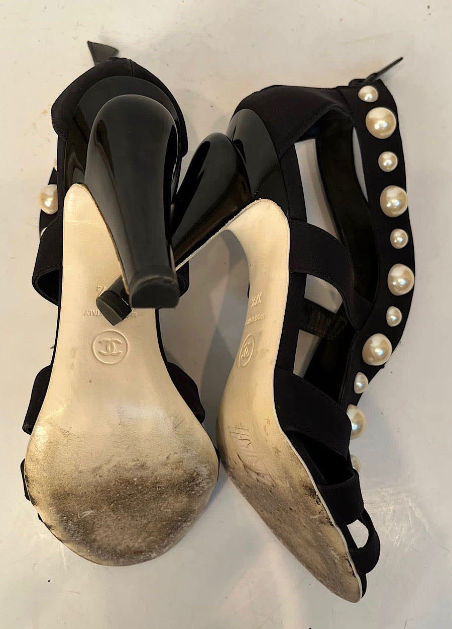 Chanel Black Sandal Heels with Pearl Trim Size EU 37.5 US 6.5/7 Narrow