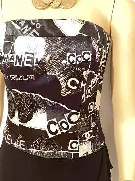 Chanel Coco Corset Bustier Camisole, Rue Cambon 2020 Fall Collection, Iconic Logos Graffiti Print, Black/Blue/White Satin, Size 