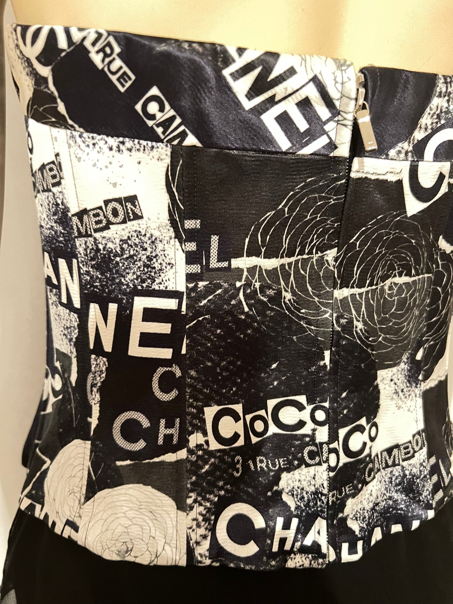 Chanel Coco Corset Bustier Camisole, Rue Cambon 2020 Fall Collection, Iconic Logos Graffiti Print, Black/Blue/White Satin, Size 