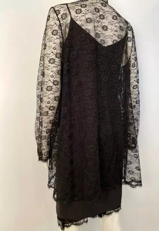 Chanel Vintage 01P Black Spaghetti Strap Dress with Lace Overlay Jacket - 2001 Spring Collection (US 2/4)