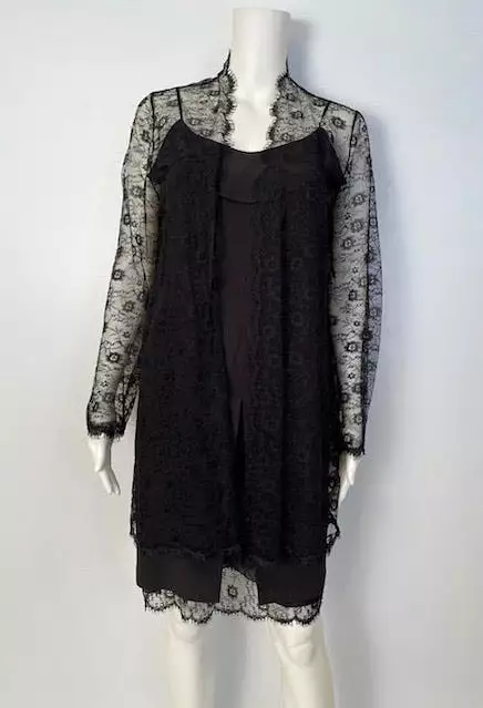 Chanel Vintage 01P Black Spaghetti Strap Dress with Lace Overlay Jacket - 2001 Spring Collection (US 2/4)