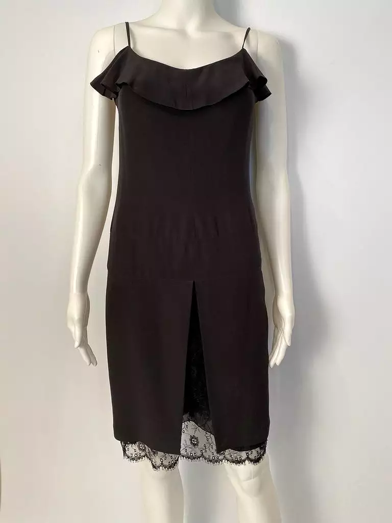 Chanel Vintage 01P Black Spaghetti Strap Dress with Lace Overlay Jacket - 2001 Spring Collection (US 2/4)