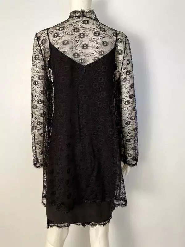 Chanel Vintage 01P Black Spaghetti Strap Dress with Lace Overlay Jacket - 2001 Spring Collection (US 2/4)