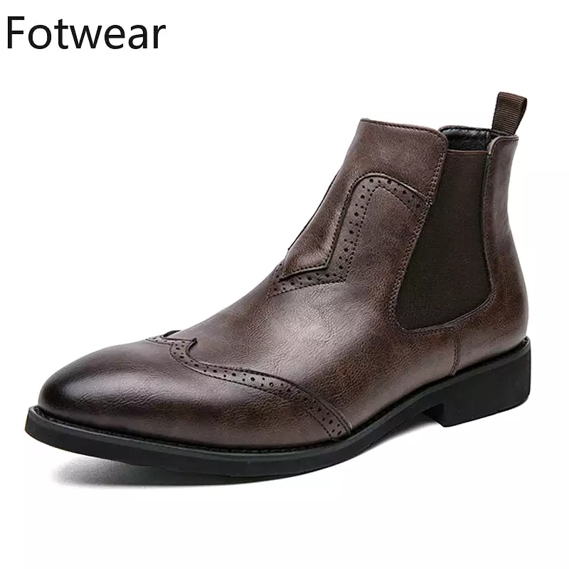 Chelsea Boots Men Large Size Leather Brogues Pointed Toe Formal Shoes Slip-on Dress Shoes British Style Long Boots with Rubber O