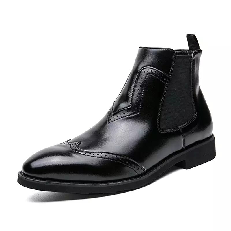 Chelsea Boots Men Large Size Leather Brogues Pointed Toe Formal Shoes Slip-on Dress Shoes British Style Long Boots with Rubber O