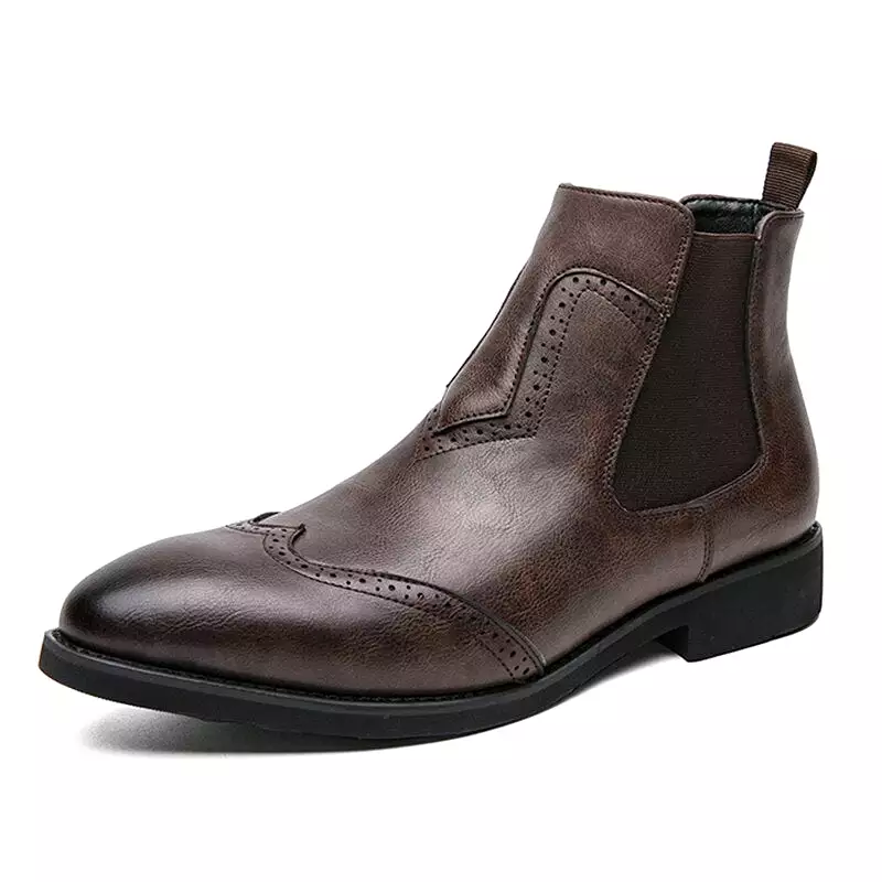 Chelsea Boots Men Large Size Leather Brogues Pointed Toe Formal Shoes Slip-on Dress Shoes British Style Long Boots with Rubber O