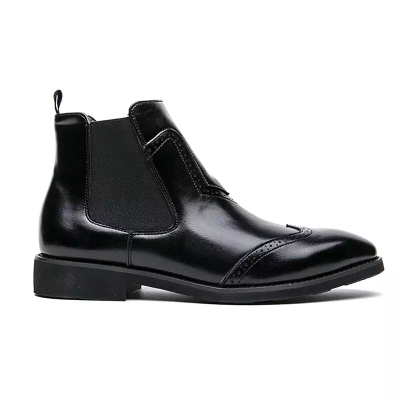 Chelsea Boots Men Large Size Leather Brogues Pointed Toe Formal Shoes Slip-on Dress Shoes British Style Long Boots with Rubber O