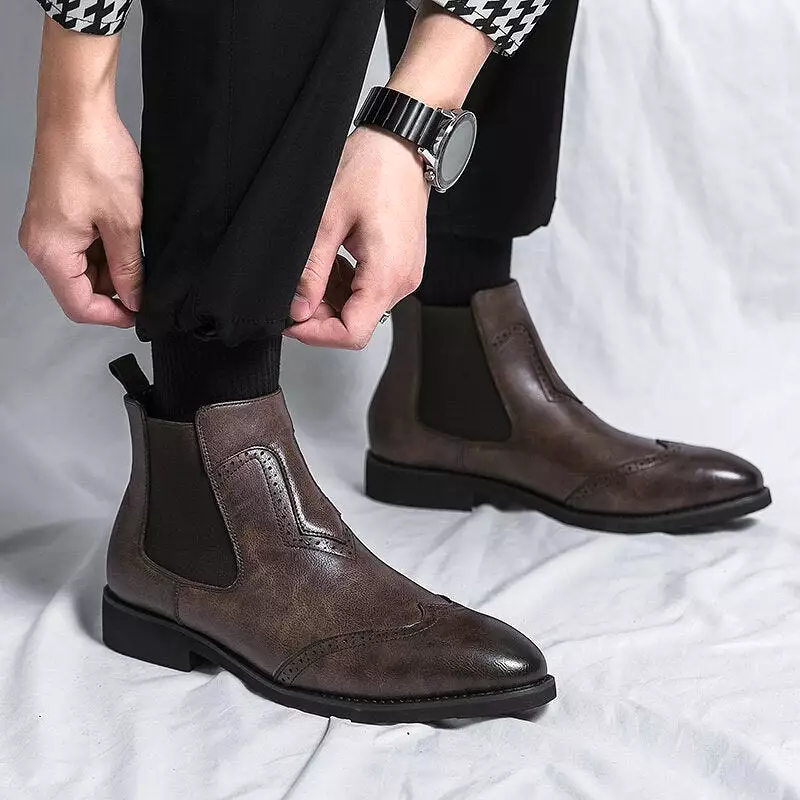 Chelsea Boots Men Large Size Leather Brogues Pointed Toe Formal Shoes Slip-on Dress Shoes British Style Long Boots with Rubber O