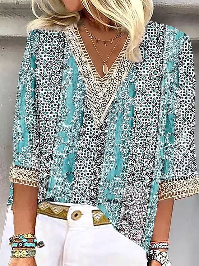 Chic lace shirt blouse - graphic print - v neck