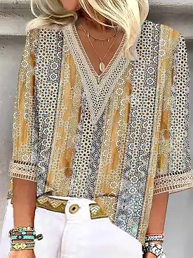 Chic lace shirt blouse - graphic print - v neck