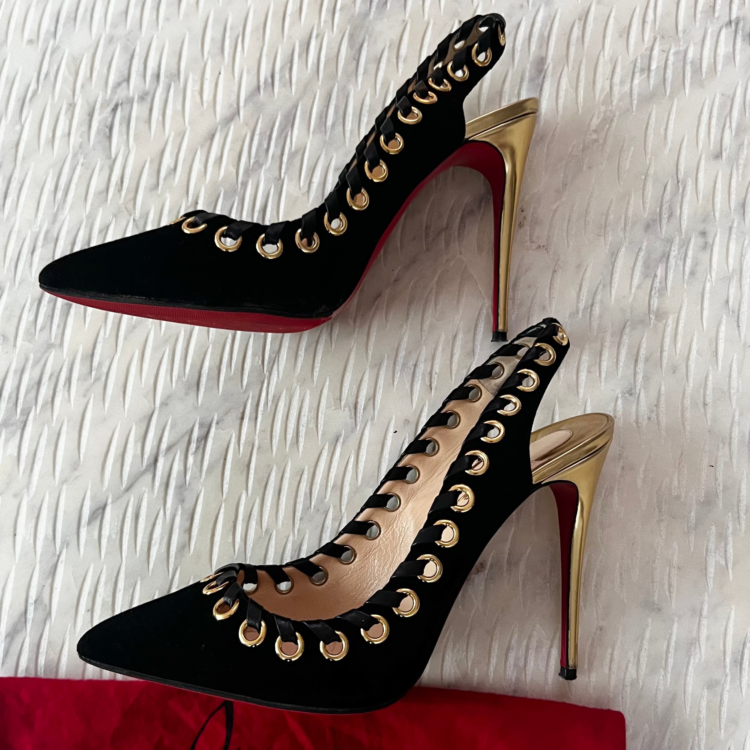 Christian Louboutin black sandals with suede and leather trim and whipstitch detailing