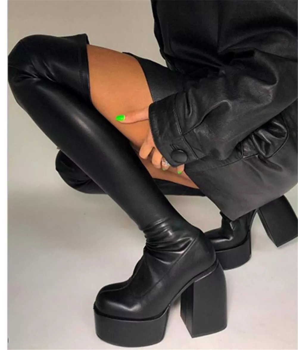 Chunky High Heels Platform Women Boots - Goth Black - Brand Design - Fashion - Luxury - Shoes - Boots - Women