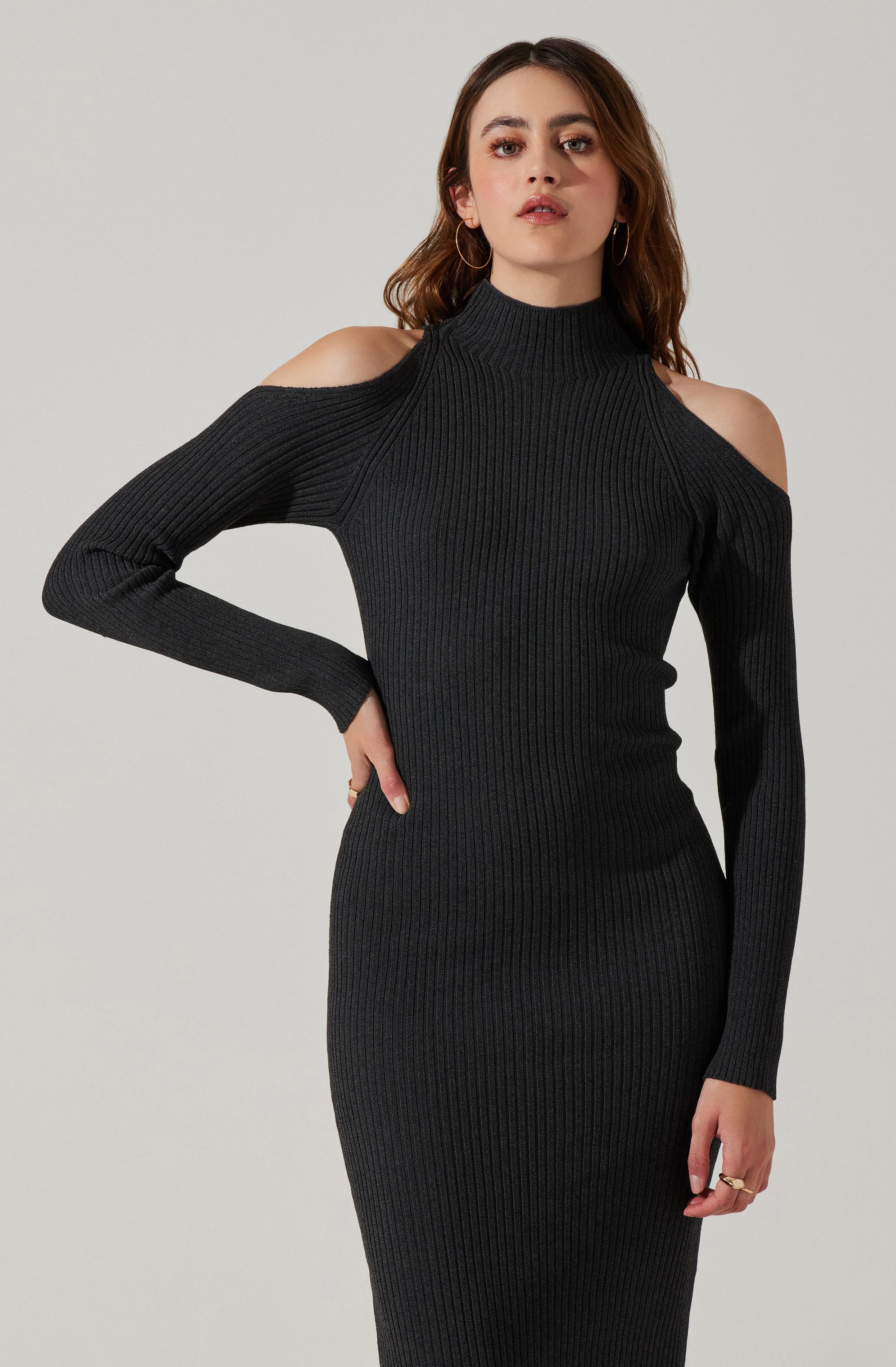 Cold Shoulder Mock Neck Midi Sweater Dress - Results: Winter Midi Sweater Dress with Cold Shoulder and Mock Neck