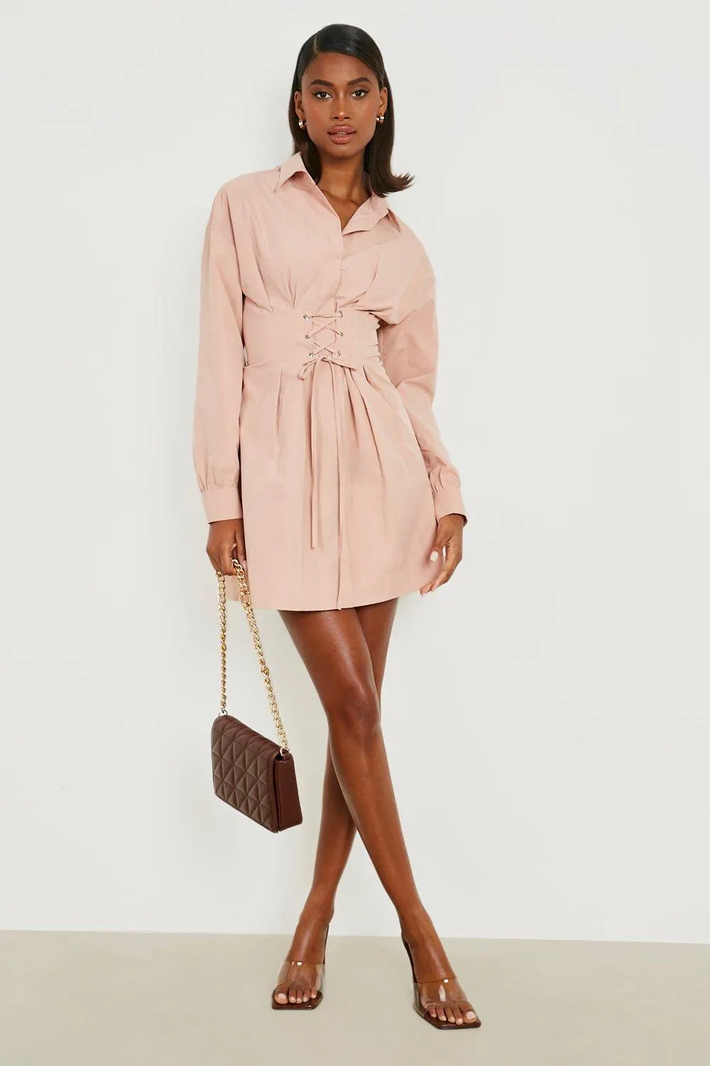 Corset Detail Puff Sleeve Shirt Dress Online