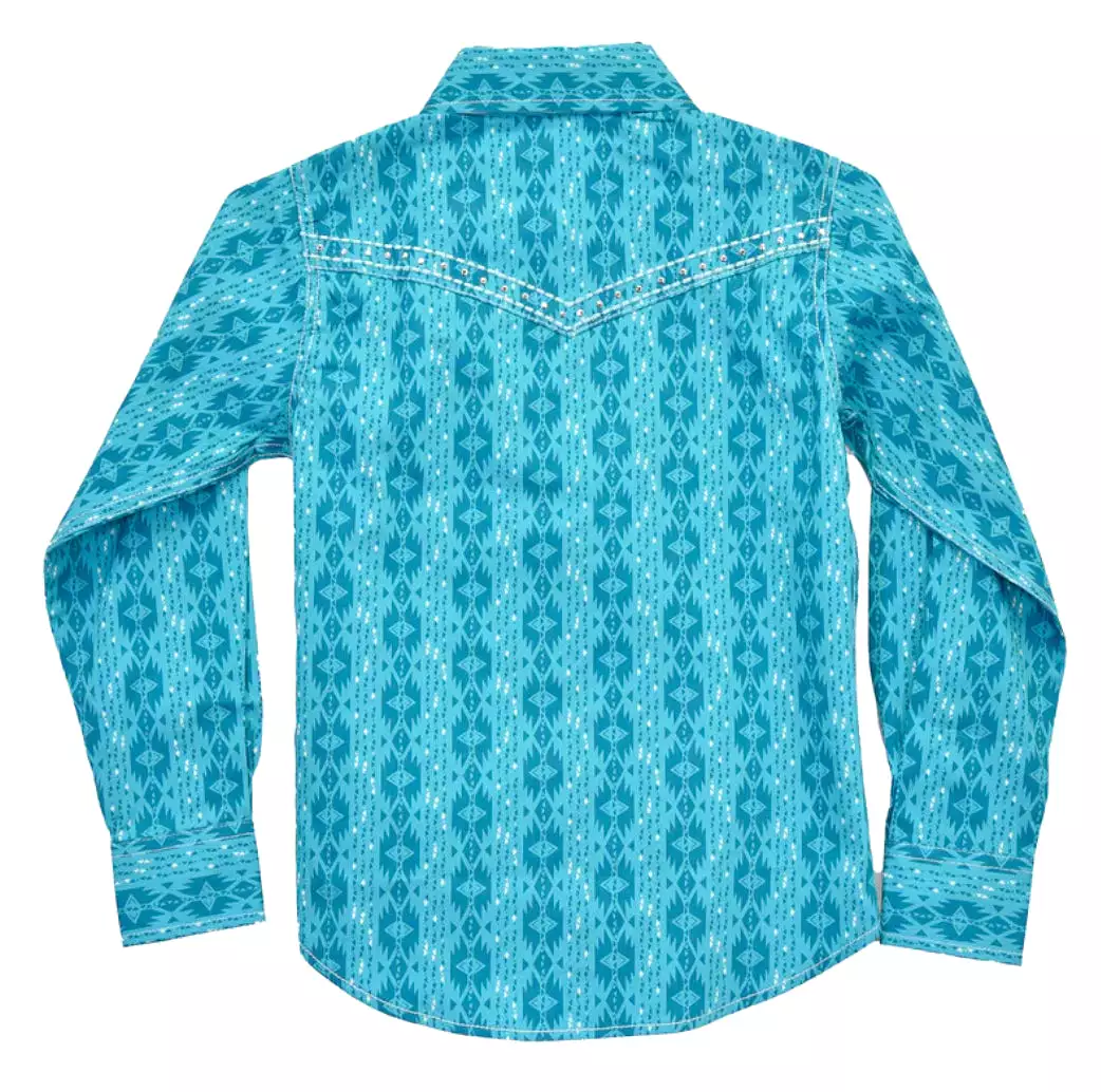 Cowgirl Hardware Shades of Teal Aztec Long Sleeve Western Shirt (Girls)