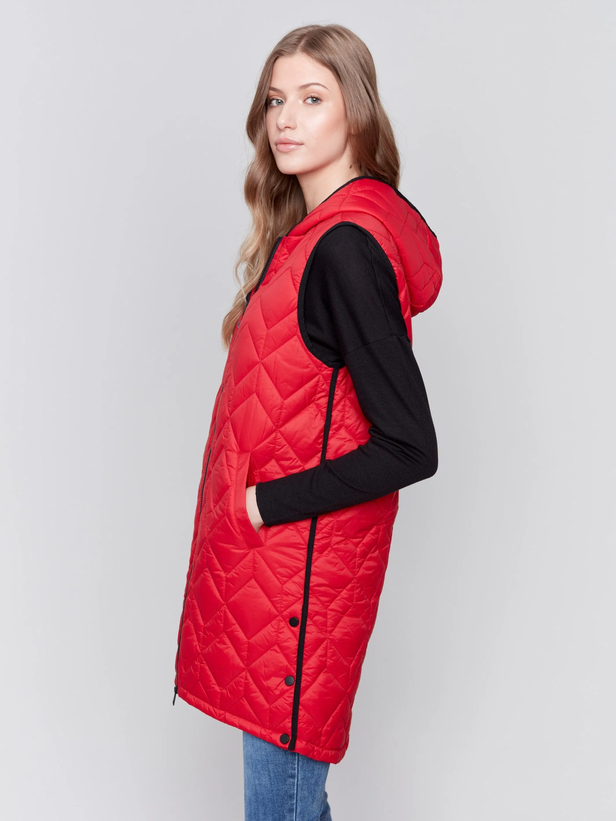 Cranberry Long Quilted Puffer Vest with Hood