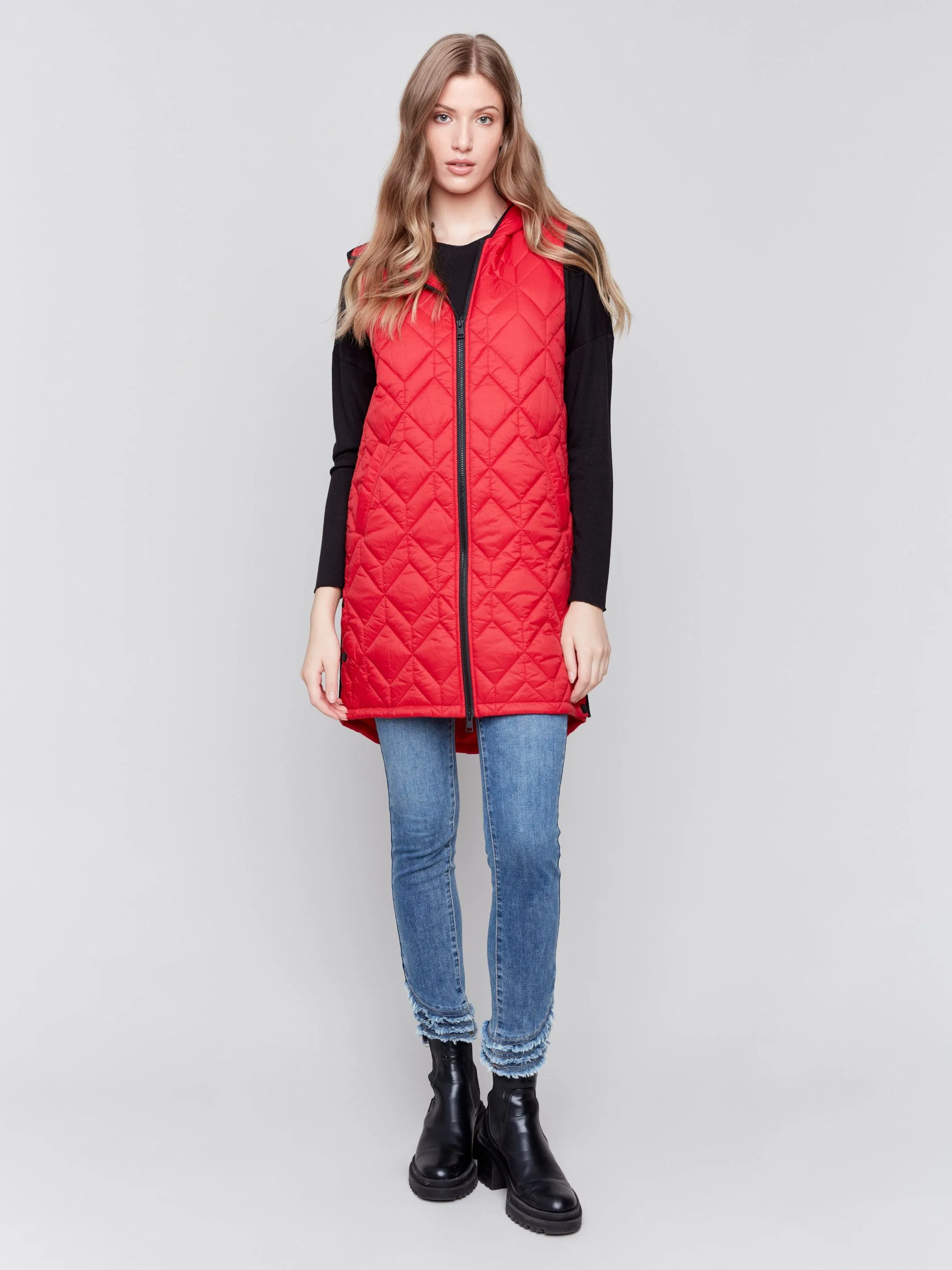 Cranberry Long Quilted Puffer Vest with Hood